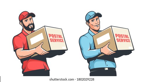 Delivery man, courier in cap with box in hand. Mover with carry. Vintage retro vector illustration.