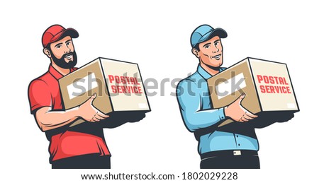 Delivery man, courier in cap with box in hand. Mover with carry. Vintage retro vector illustration.