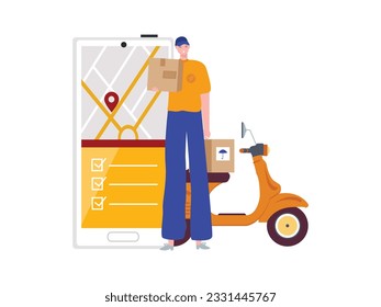 delivery man courier carrying cardboard package driver motorcycle transportation with smartphone map gps technology online