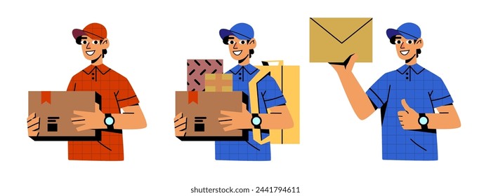 Liefermann oder Kuriercharakter mit Box und Mütze. Postbote Person in Uniform mit Dokumenten in Umschlag und Mover Paket Illustrationssatz. Flat Express Mail Boy tragen und liefern Lebensmittel in Rucksack