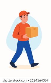 delivery man courier character box package shipping service vector illustration logistics worker express shipping delivery guy parcel postman ecommerce flat design fast delivery app