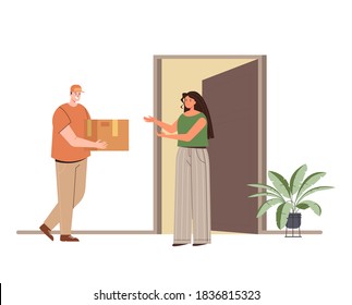 Delivery man courier character bring order box to woman consumer. Vector flat graphic design illustration