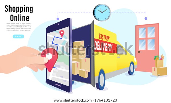 delivery man or courier delivering food to\
customer at home. Ordering food online, delivery van, courier near\
door. Flat vector\
illustration.