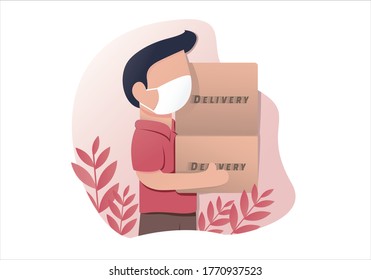 Delivery man, Courier in a face mask is lifting the box.