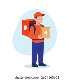 delivery man courier food delivery service parcel shipping fast delivery box ecommerce flat design character logistics worker takeaway order restaurant delivery app illustration vector