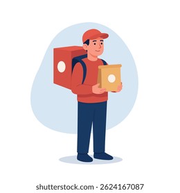 delivery man courier food delivery service parcel shipping fast delivery box ecommerce flat design character logistics worker takeaway order restaurant delivery app illustration vector