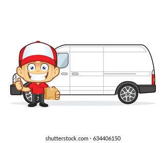Delivery man courier in front van with cardboard boxes