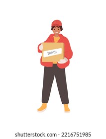 Entrega de guantes o guantes de mensajería al cliente. Compras en línea durante. Niño con una caja en las manos con guantes. Dibujo vectorial plano de dibujos animados
