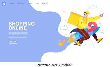 Delivery man or courier guy flying on a jet rocket with urgent order with bag. fast delivery service. Shopping online. Vector stock illustration. 