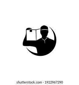 Delivery man courier holding box. Logo design 
vector template, Negative space style