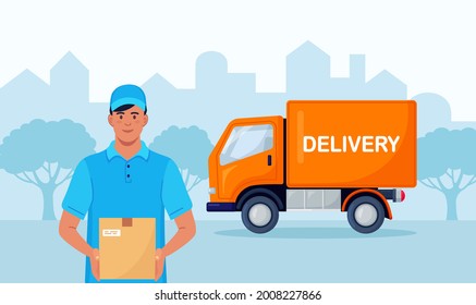 Hombre de reparto, paquete de transporte de correo con camión en segundo plano. Entrega rápida por camioneta amarilla. Ilustración del vector