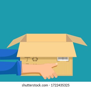Delivery man or courier holds an open cardboard box parcel. Vector flat graphics illustration.