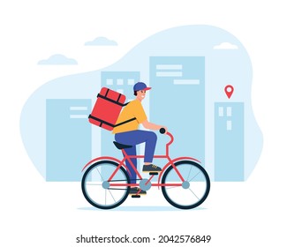 Delivery man or courier on bycicle in city. Express Food Delivery concept. Smiling boy with big parcel box on back rides bike. Flat vector illustration on cityscape background.