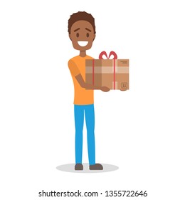 Delivery man. Courier in orange and blue uniform holding gift box. Character in a cap. Delivery service. Vector illustration in cartoon style