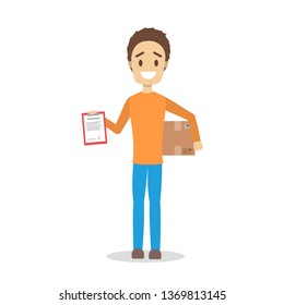 Delivery man. Courier in orange and blue uniform holding clipboard. Character in a cap. Delivery service. Vector illustration in cartoon style