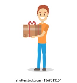 Delivery man. Courier in orange and blue uniform holding gift box. Character in a cap. Delivery service. Vector illustration in cartoon style