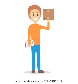 Delivery man. Courier in orange and blue uniform holding clipboard. Character in a cap. Delivery service. Vector illustration in cartoon style