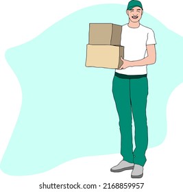 Delivery man, courier with parcel. Vector illustration, flat design