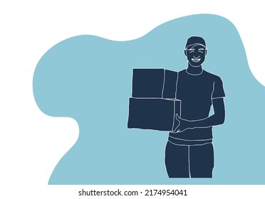 Delivery man, courier with parcel. Vector illustration, flat design
