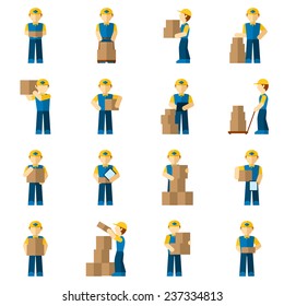 Delivery man courier person with carton boxes icon flat set isolated vector illustration