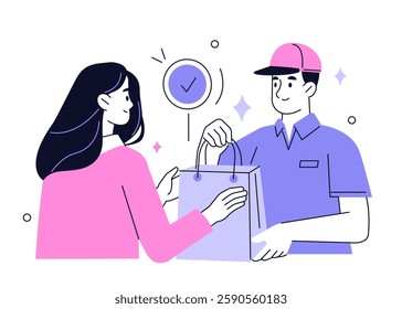 Delivery man, courier, postman giving paper bag with order to customer. Woman character receive package. Shipping service, logistic concept. Vector illustration.