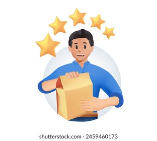 Delivery man, courier, postman holding, carrying delivery paper bag, order 3D illustration. Logistic worker delivering parcel to customer and receiving feedback. Vector illustration