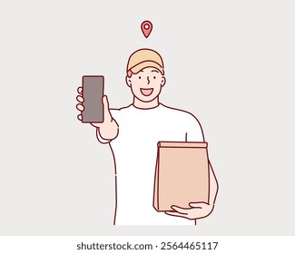 Delivery man, courier, postman holding, carrying delivery paper bag, order. 