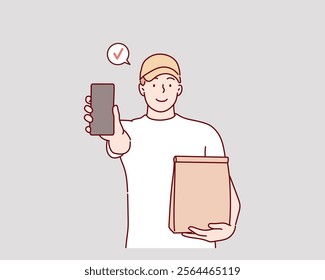 Delivery man, courier, postman holding, carrying delivery paper bag, order. 