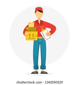 Delivery man. Courier in red and blue uniform holding box and clipboard. Character in a cap. Delivery service. Vector illustration in cartoon style