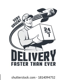 Delivery man courier retro logo with rocket. Postman holding parcel vintage emblem. Vector illustration.