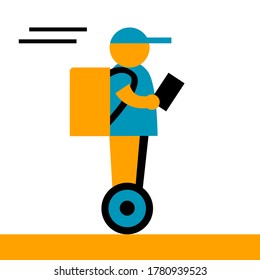 A delivery man courier rides a hoverboard. Vector isolated illustration in flat style.