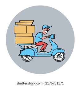 Delivery man or courier riding a blue scooter. Post or parcel delivery service. Vector illustration isolated on white background.