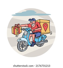 Delivery man or courier riding a blue scooter. Food delivery service. Vector illustration isolated on white background.
