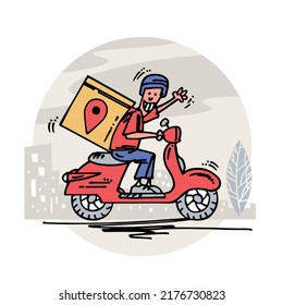 Delivery man or courier riding a red scooter. Food delivery service. Vector illustration isolated on white background.