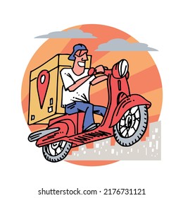 Delivery man or courier riding a red scooter. Food delivery service. Vector illustration isolated on white background.