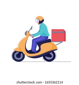 Delivery man or courier riding scooter to service fast food box. Vector