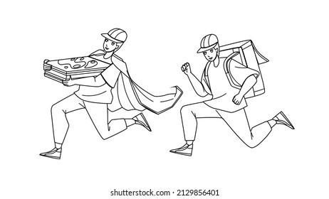 delivery man courier service. food box. Black Line Pencil Drawing Vector. fast order. deliver boy. package express person character web Illustration