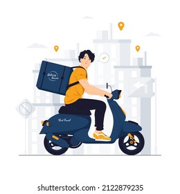 Delivery man courier shipping order with bag riding scooter concept illustration