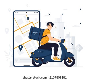 Delivery man courier shipping order with bag riding scooter concept illustration