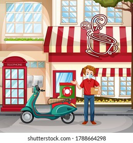 Delivery man or courier stand by the coffee shop illustration