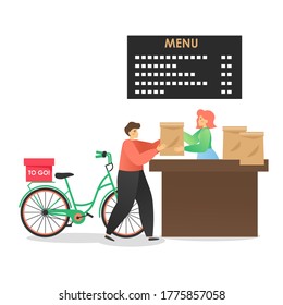 Delivery man courier taking takeaway food bags to deliver them to customers, vector flat illustration. Fast food restaurant takeaway and delivery service.