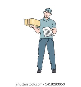 Delivery man or courier in uniform and cap holds a post boxe and clipboard vector illustration isolated on white background. Mail service icon in sketch or cartoon style.