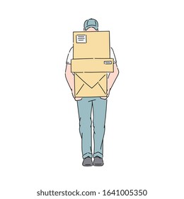 Delivery man or courier in uniform and cap holds a pile of post boxes vector illustration isolated on white background. Mail service icon in sketch or cartoon style.