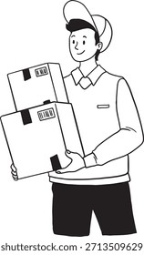 Delivery man or courier in a uniform cap holding two stacked cardboard boxes with shipping labels. Hand-drawn line art illustration representing fast shipment, logistics, e-commerce, or mail service. 