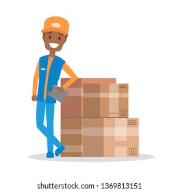 Delivery man. Courier in uniform standing at a pile of box. Character in a cap. Delivery service. Vector illustration in cartoon style