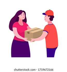 Delivery man and customer at door. Customer Delivery Character. Order Transportation, vector illustration.