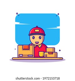 Delivery Man Cute with Box Vector Cartoon Illustrations