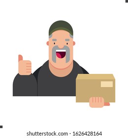 Delivery man in dark uniform carrying box - courier and delivery service concepts