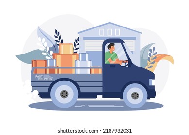 Delivery man deliver multiple packages on the delivery cart Illustration concept on white background