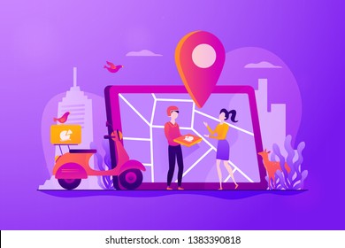 Delivery man delivered pizza to customer by scooter, map on tablet, tiny people. Food delivery service, online food ordering, 24 7 food service concept. Vector isolated concept creative illustration.